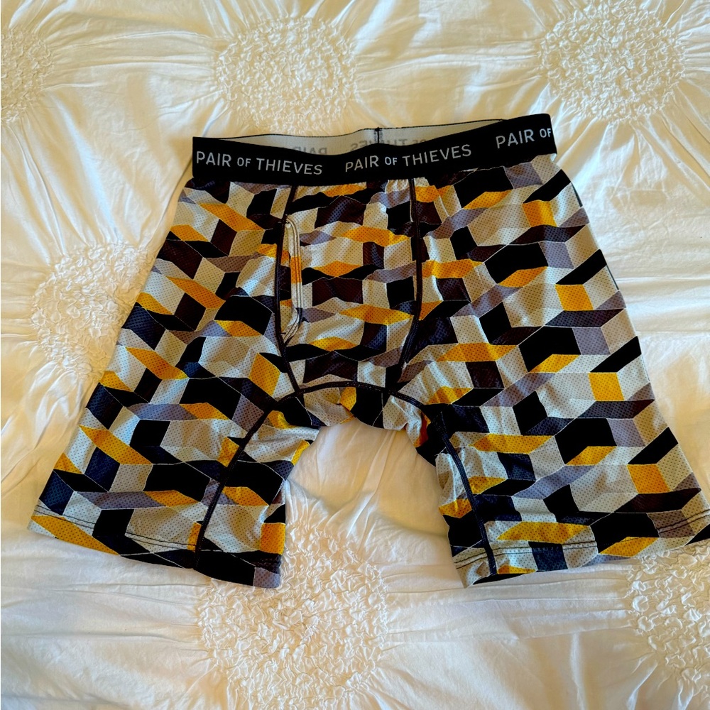 PAIR OF THIEVES Men’s small boxer briefs, bright yellow geometric pattern, FUN